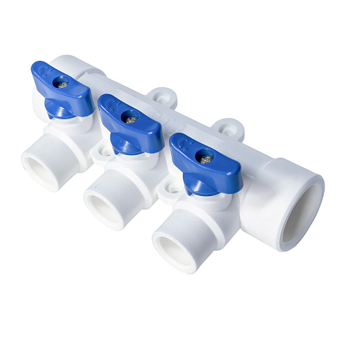 Коллектор с шаровым краном синий PPR 32х20/3,  белый, RTP
