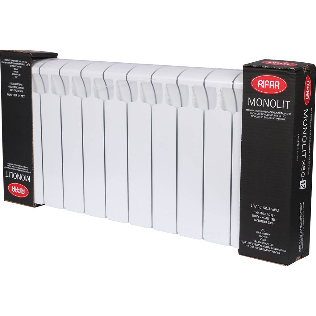 Радиатор биметаллический RIFAR MONOLIT 350 12 секций боковое подключение (белый RAL 9016), 3RM35-12