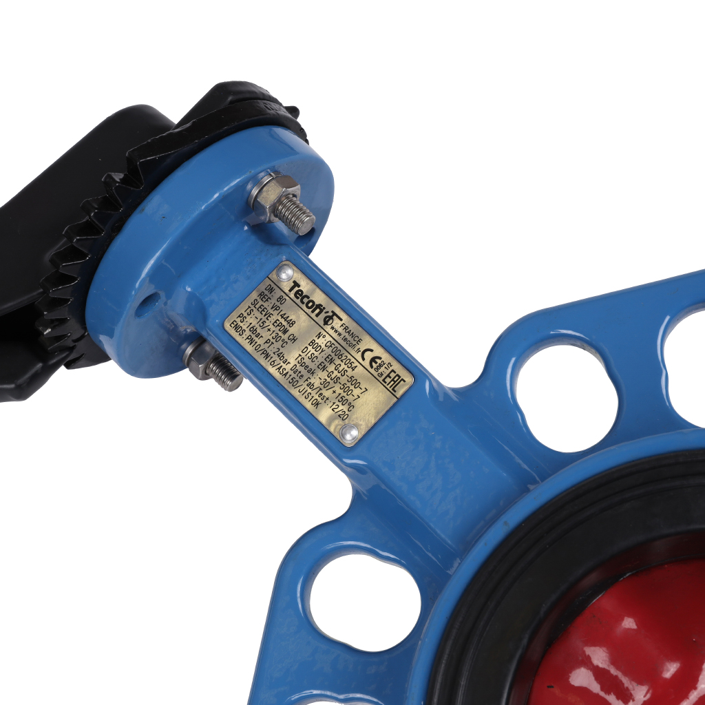 Затвор дисковый поворотный межфланцевый Tecofi Tecfly с ручкой, корпус и диск ковкий чугун, манжета EPDM, PN16, DN 80, VPI4448-02EP0080