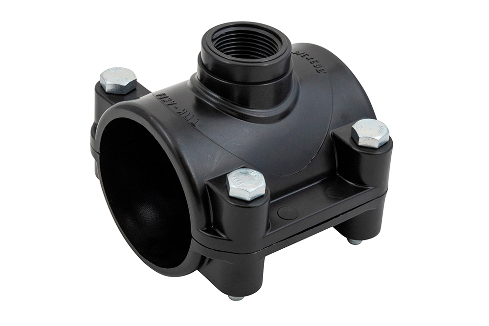 Седелка с внутренней резьбой для ПНД труб Политэк (крепление - болт) ф 110 - 3/4 ТПК-АКВА, 3000110034