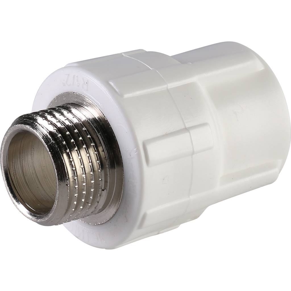 Муфта комбинированная Политэк 20х1/2 наруж. резьба для полипропиленовых труб под сварку (цвет белый), 9000002012