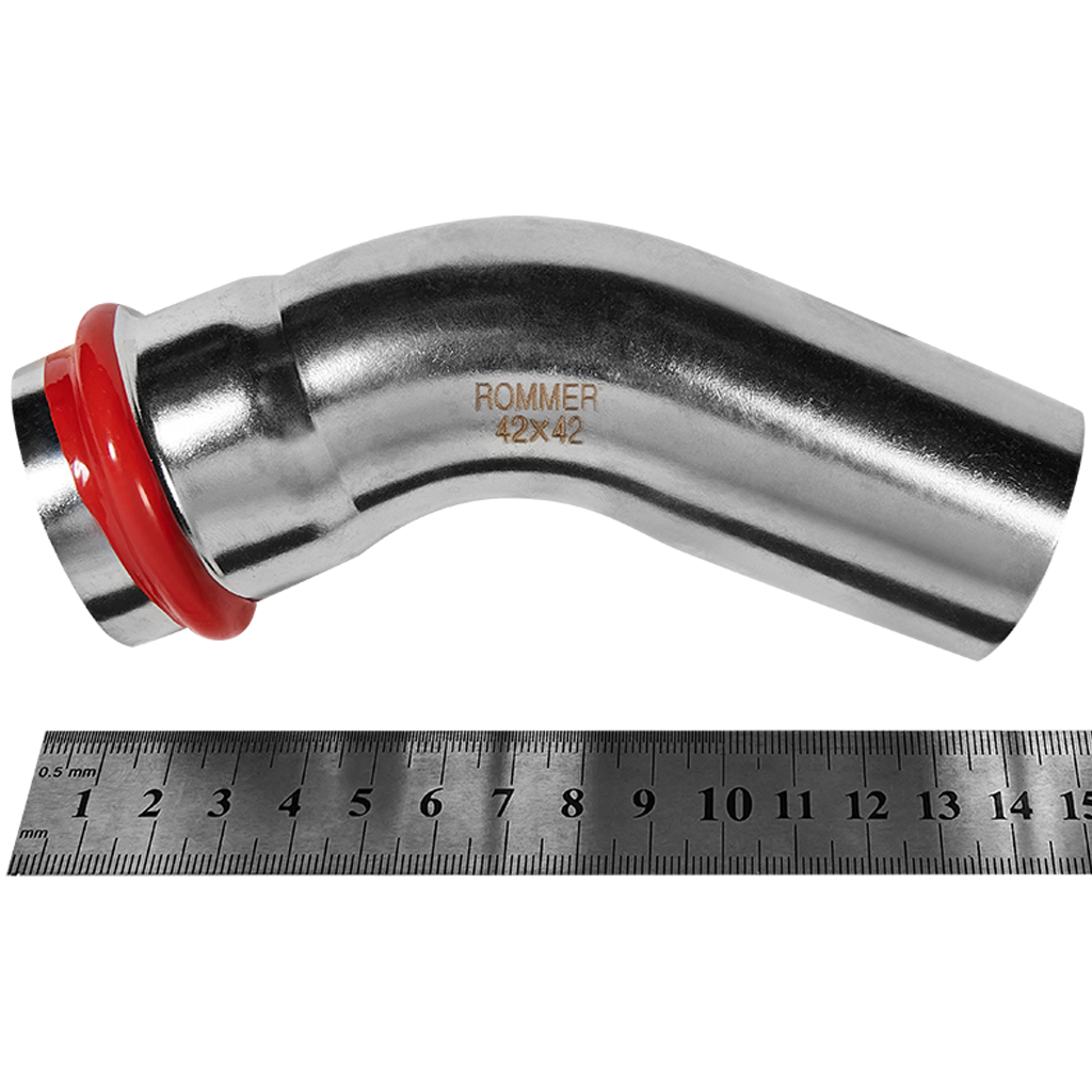 Угольник ROMMER однораструбный 45°-НПр, 42, из нержавеющей стали прессовой