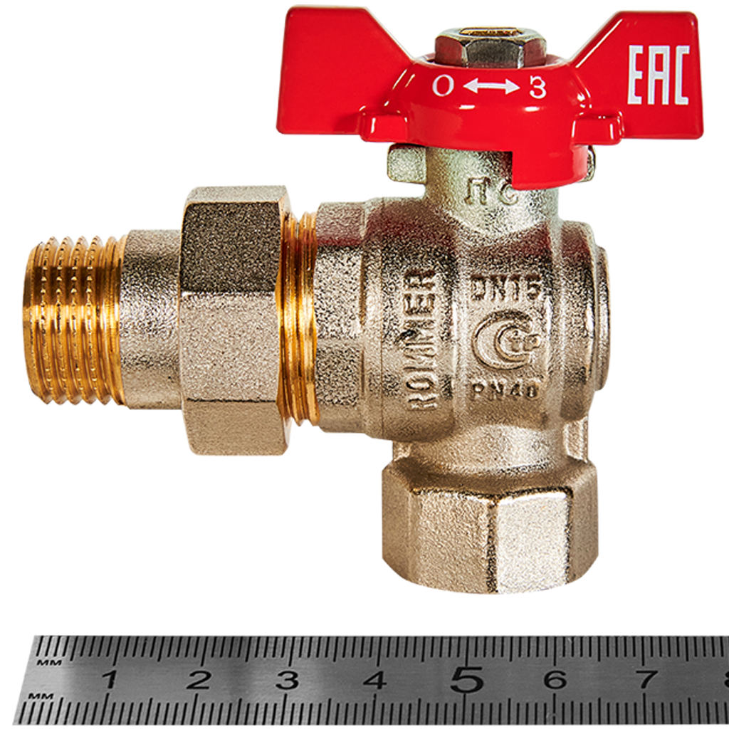 Кран шаровой угловой с американкой ROMMER ВР/НР, ручка бабочка 1/2