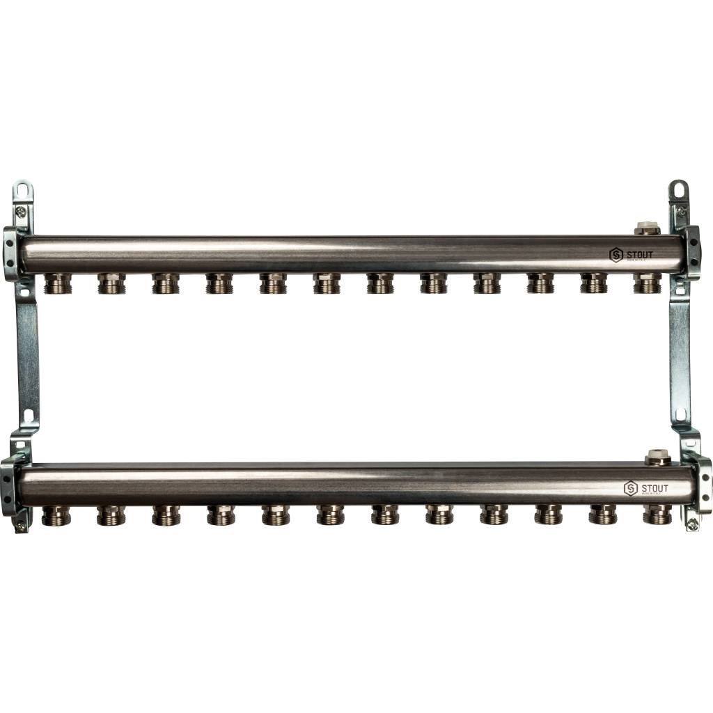 Коллектор из нержавеющей стали для радиаторной разводки STOUT 12 выходов