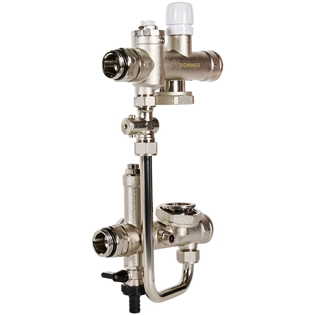 Насосно-смесительный узел ROMMER RDG-0120-008100 проходной с термоголовкой и перепускным клапаном, без насоса, RDG-0120-008100