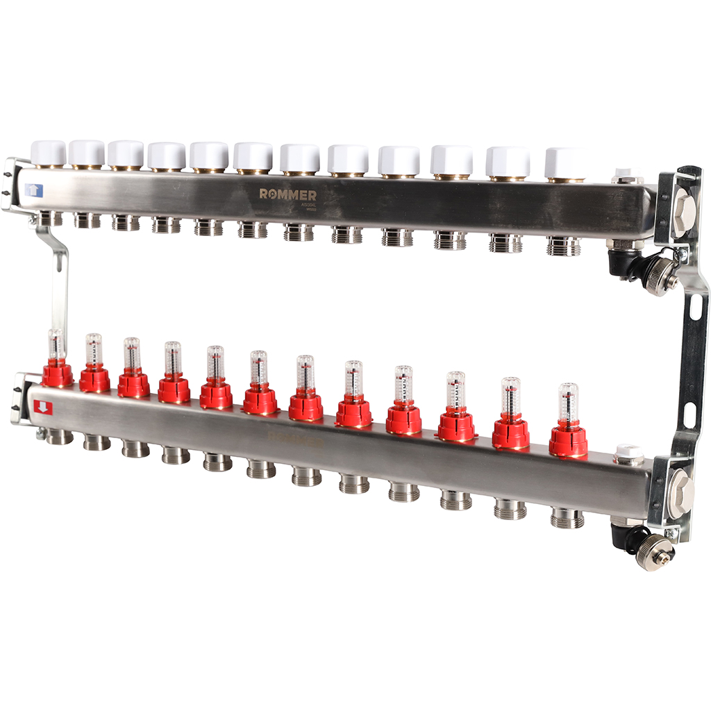Коллектор из нержавеющей стали с расходомерами ROMMER, с клапаном вып. воздуха и сливом 12 выходов, RMS-1201-000012