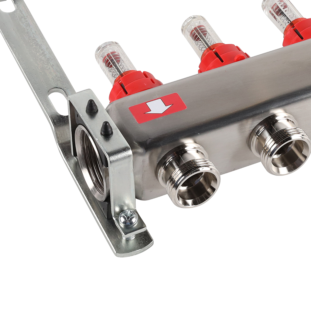 Коллектор из нержавеющей стали с расходомерами ROMMER, с клапаном вып. воздуха и сливом 6 выходов, RMS-1201-000006