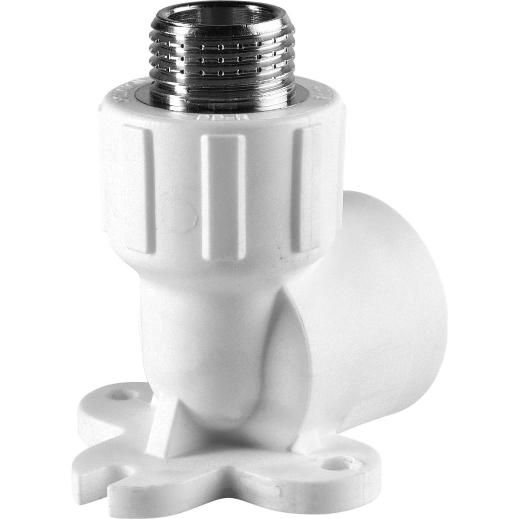 Угольник Политэк 25х1/2 с наружной резьбой с креплением для полипропиленовых труб под сварку (цвет белый), 9500082512