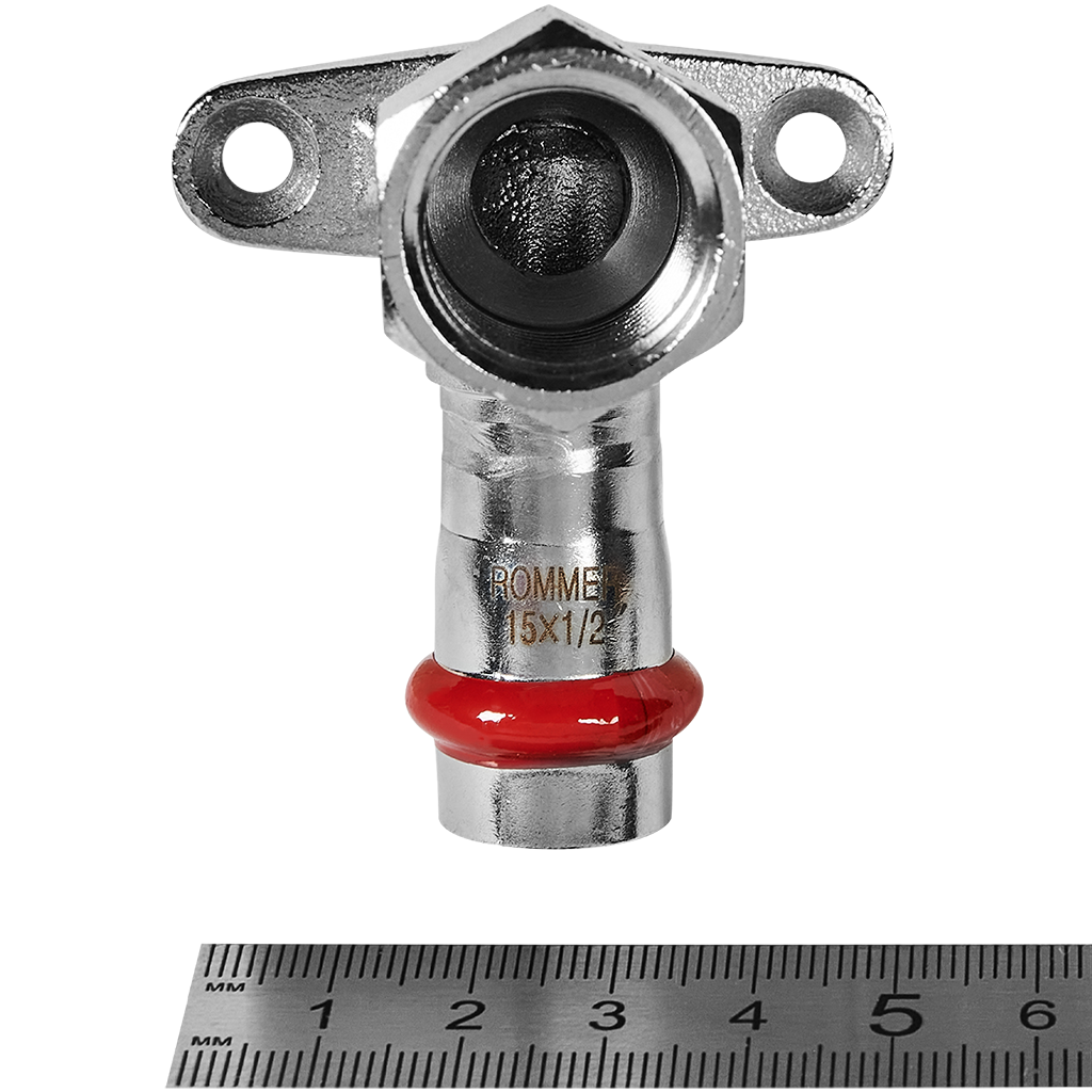 Угольник ROMMER настенный с креплением-ВР, 15х1/2, из нержавеющей стали прессовой