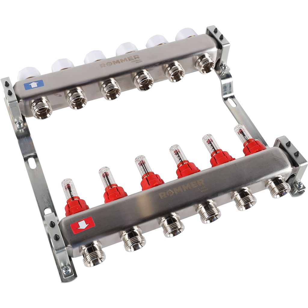 Коллектор из нержавеющей стали с расходомерами ROMMER 6 выходов