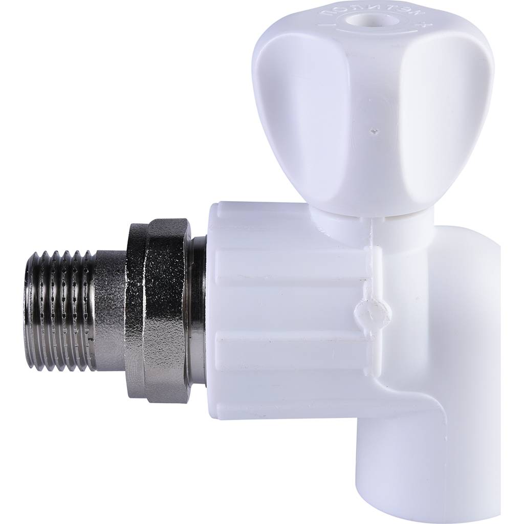 Кран шаровой для радиатора Политэк 20х1/2 угловой для полипропиленовых труб под сварку (цвет белый)