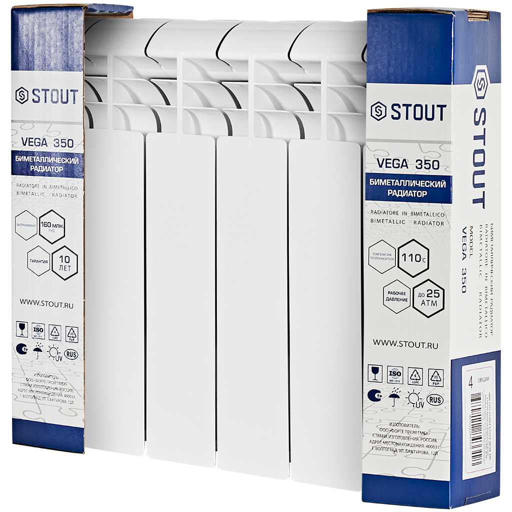 Радиатор биметаллический STOUT VEGA 350 6 секций боковое подключение (белый RAL 9016), SRB-1310-035006