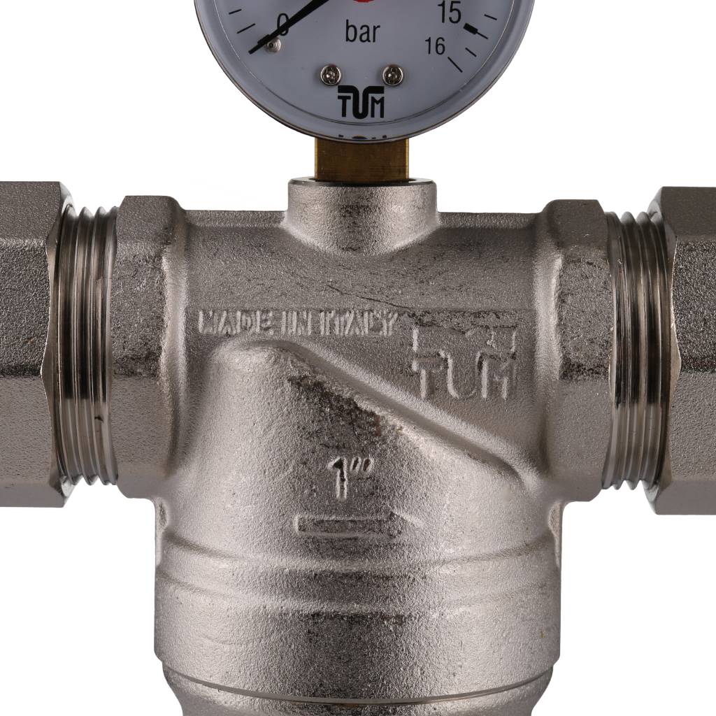 Фильтр с манометром TIEMME 1 со сгонами, с латунной колбой, промывной, 3130004