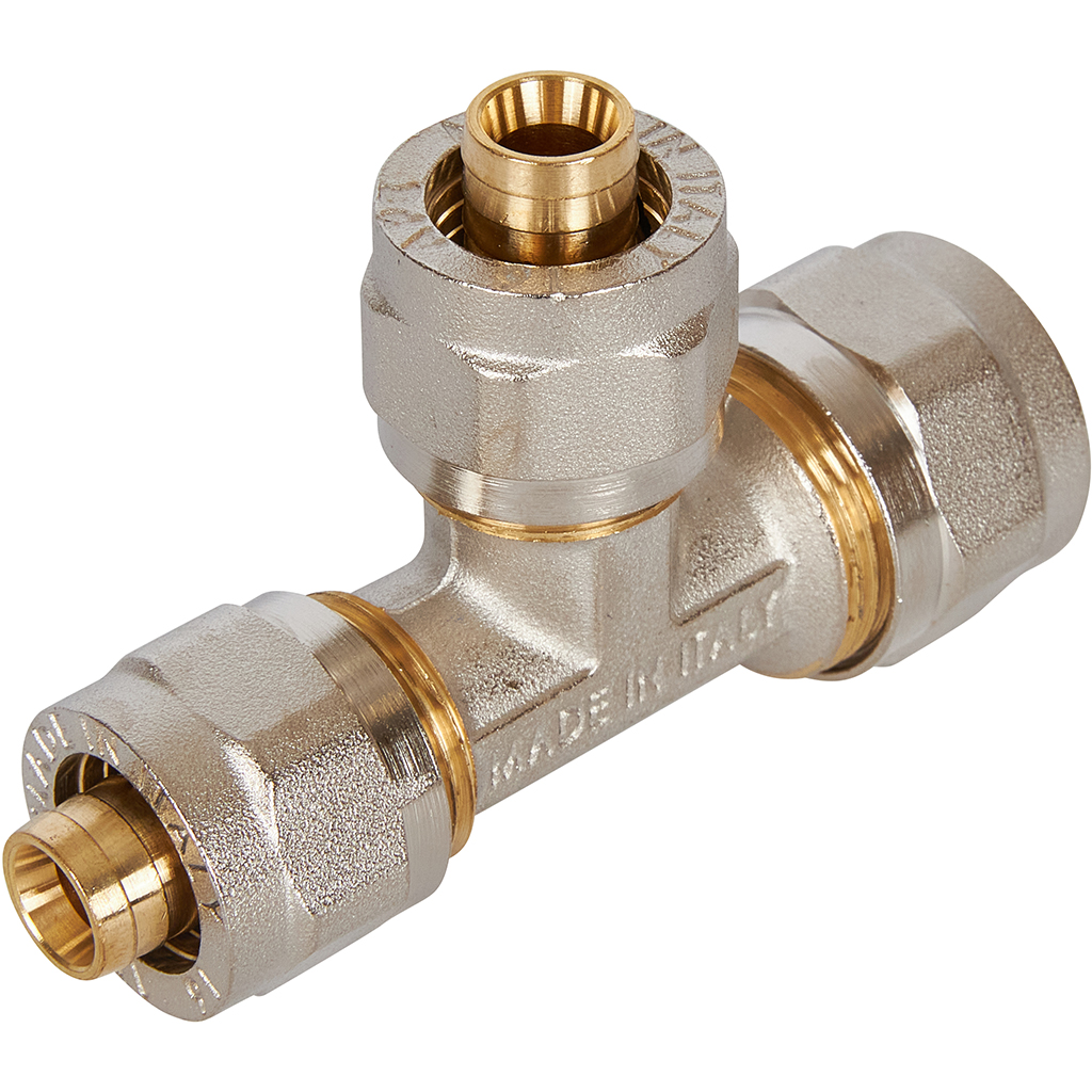 Тройник переходной STOUT 20х16х16 для металлопластиковых труб винтовой, SFS-0010-201616