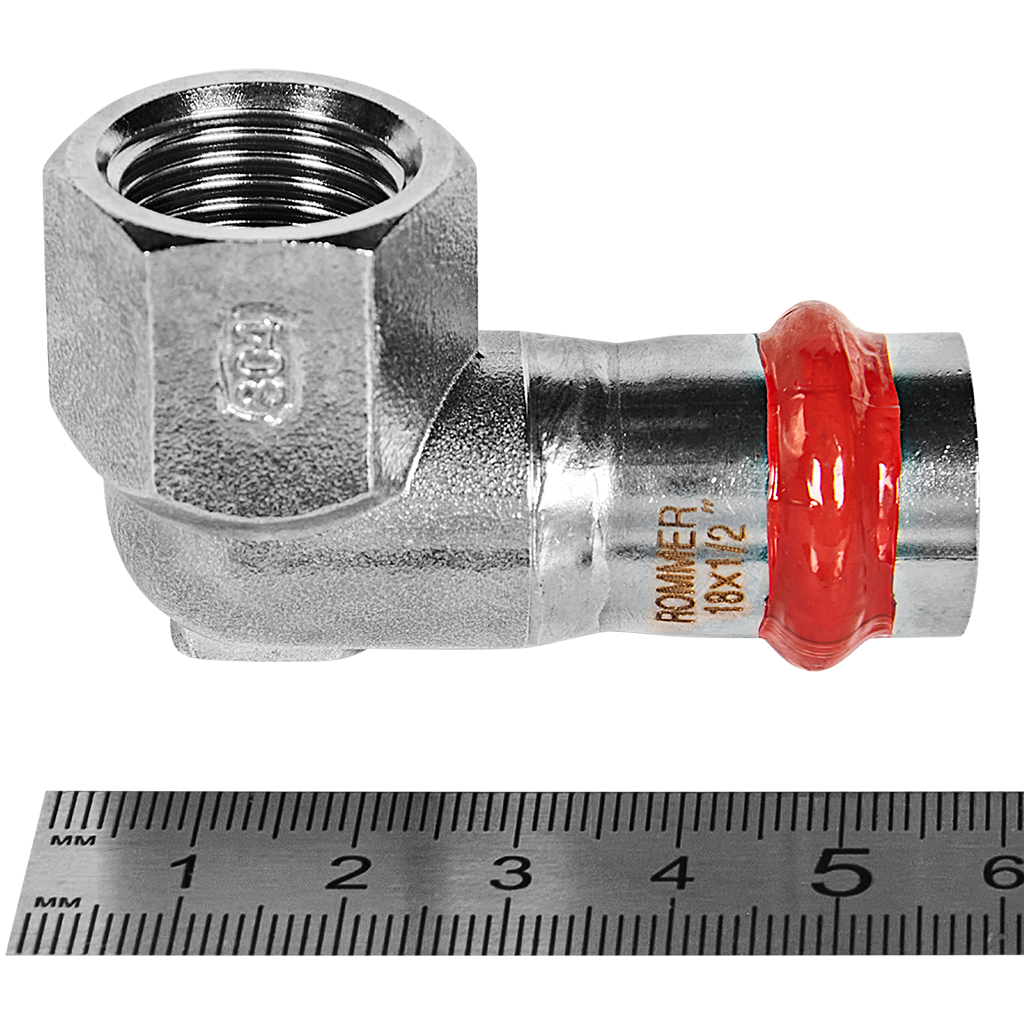 Угольник ROMMER-переходник-ВР, 18х1/2, из нержавеющей стали прессовой