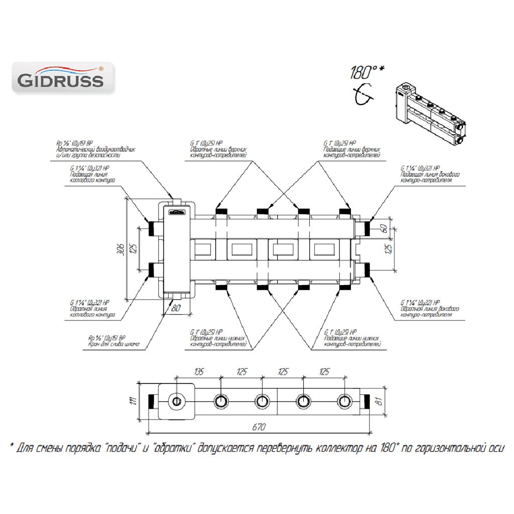 Балансировочный коллектор GIDRUSS BMSS-80-5D.EPP (до 80 кВт, подкл. котла G 1, 4 контура G 1, боковой контур G 1, зеркально-матовая полировка, 4D-кронштейны K.UMS, EPP-термоизоляция)