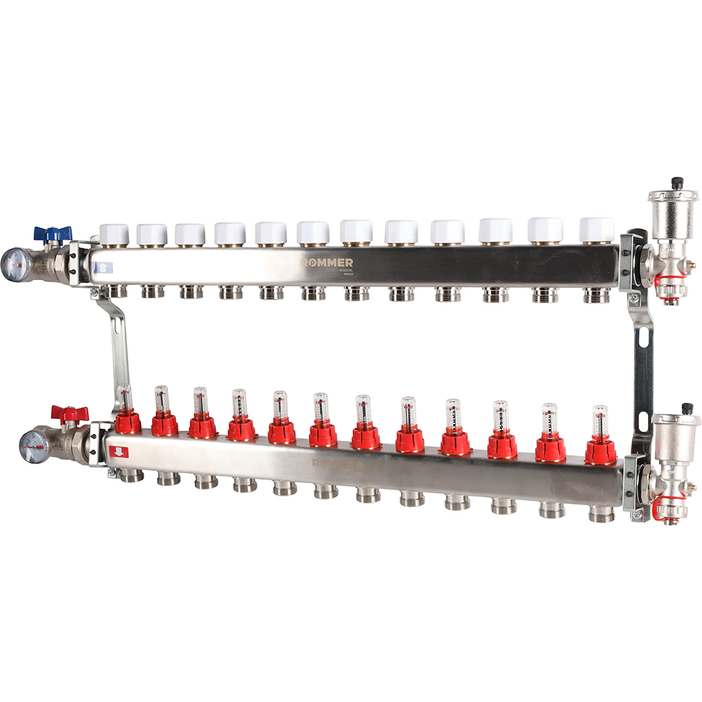 Коллектор из нержавеющей стали в сборе с расходомерами ROMMER 12 выходов