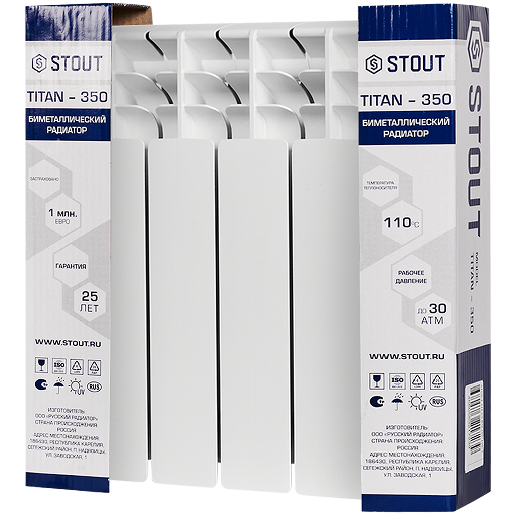 Радиатор биметаллический STOUT TITAN 350 4 секций боковое подключение (белый RAL 9016)