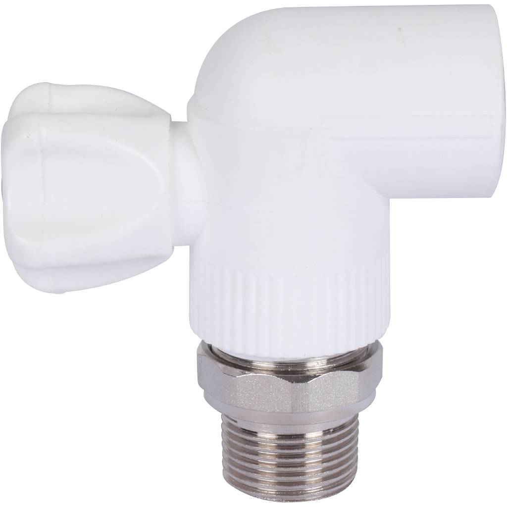 Кран шаровой Политэк 25х3/4 для радиатора угловой для полипропиленовых труб под сварку (цвет белый), 9999022534