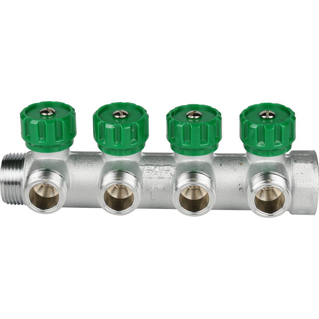 Коллектор распределительный FAR 1 , проходной, хромированный, 4 отвода 3/4  плоское уплотнение