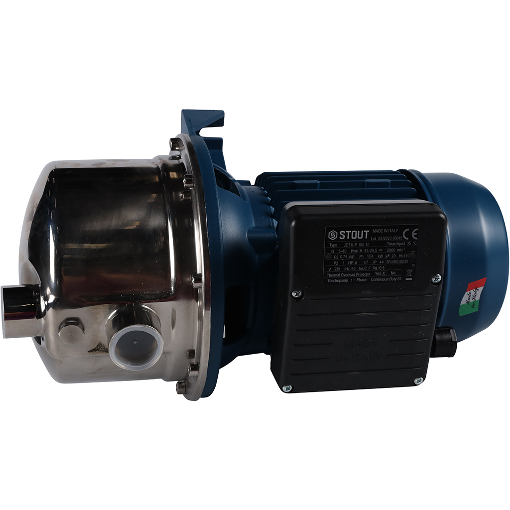 Насос поверхностный STOUT, корпус-нерж.сталь,раб.колесо-норил, Q-40л/мин, H-48м