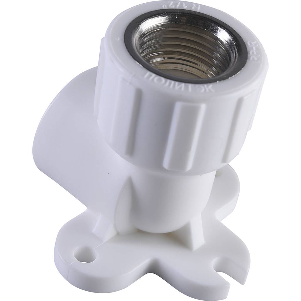 Угольник Политэк 20х1/2 с внутренней резьбой с креплением для полипропиленовых труб под сварку (цвет белый)