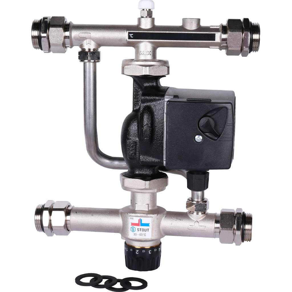 Насосно-смесительный узел STOUT с термостатическим клапаном 30-60°C, с насосом UPSO 25-65, 130 mm