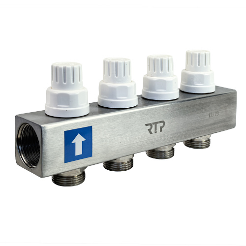Коллекторная группа с расходомером и кронштейном (евроконус 3/4) нержавеющая сталь SUS 304 1х 4 выхода, RTP
