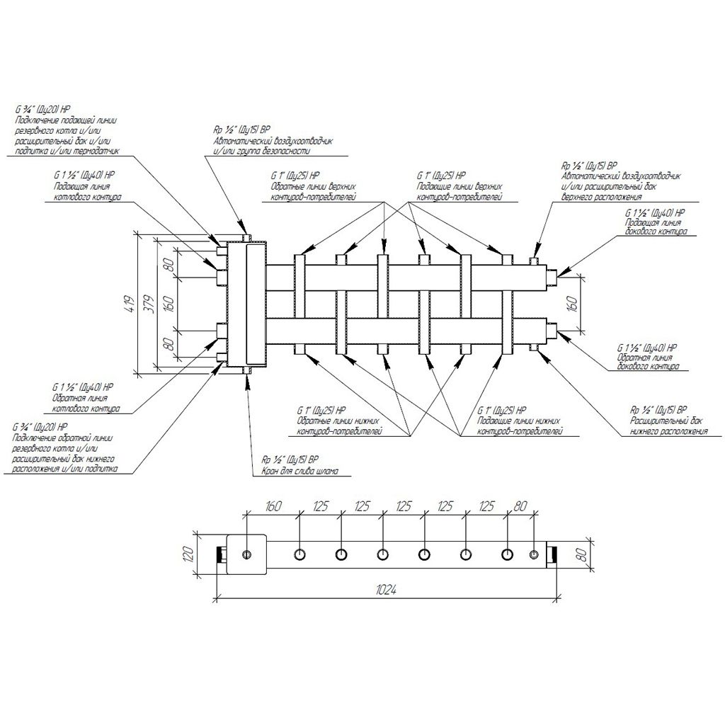 *BM 15A50 21 GIDRUSS BMSS-150-7DU (нерж., до 150 кВт, подкл. котла G 1 1/2, 3+3 контура G 1, боковой контур G 1 1/2)