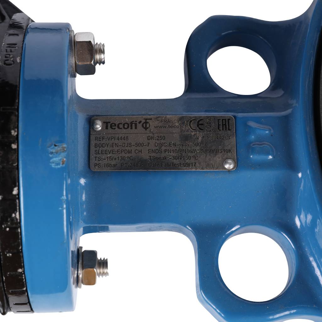 Затвор поворотно-дисковый Tecofi VPI4448 DN 250 PN 16 межфланцевый с ручкой из чугуна EPDM, VPI4448-02EP0250