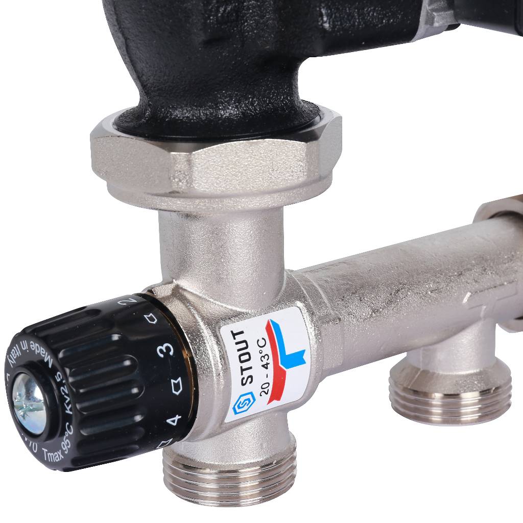 Насосно-смесительный узел STOUT SDG-0120 с термостатическим клапаном 20-43°C жидкокристаллическим термометром, с насосом UPSO 25-65, 130 mm, SDG-0120-005001