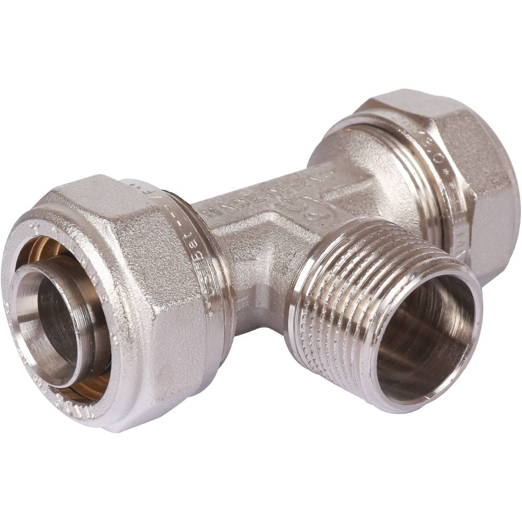 Тройник TIEMME с наружной резьбой (26х3.0х3/4) для металлопластиковых труб винтовой, 1600070