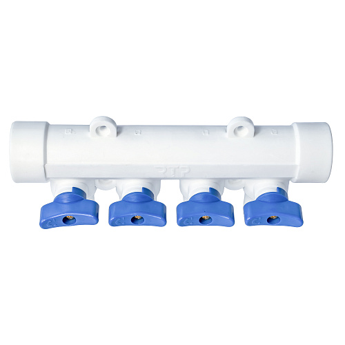 Коллектор с шаровым краном синий PPR 32х20/4,  белый, RTP