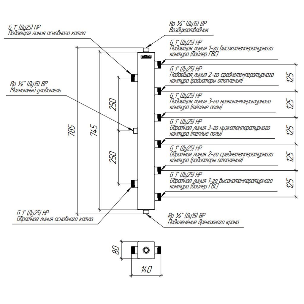 Термогидравлический разделитель GIDRUSS TGRSS-60-25x3 (нерж., до 60 кВт, 3 контура G 1, встроенный сепаратор)
