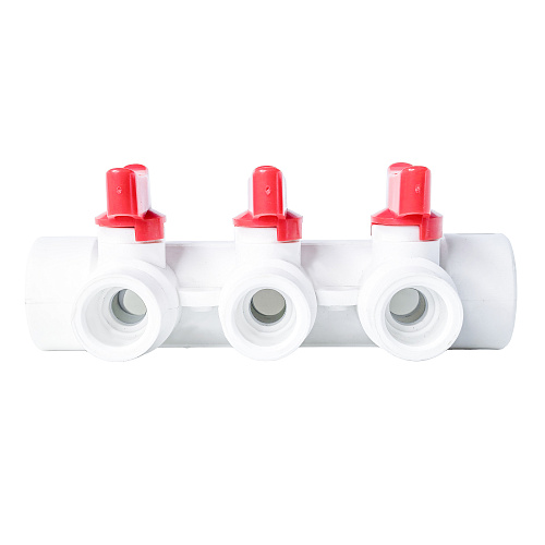 Коллектор с шаровым краном красный PPR 32х20/3,  белый, RTP