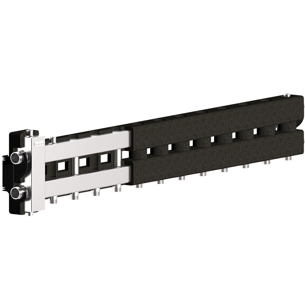 Балансировочный коллектор GIDRUSS BMSS-80-7D.EPP (до 80 кВт, подкл. котла G 1, 6 контуров G 1, боковой контур G 1, зеркально-матовая полировка, 4D-кронштейны K.UMS, EPP-термоизоляция)