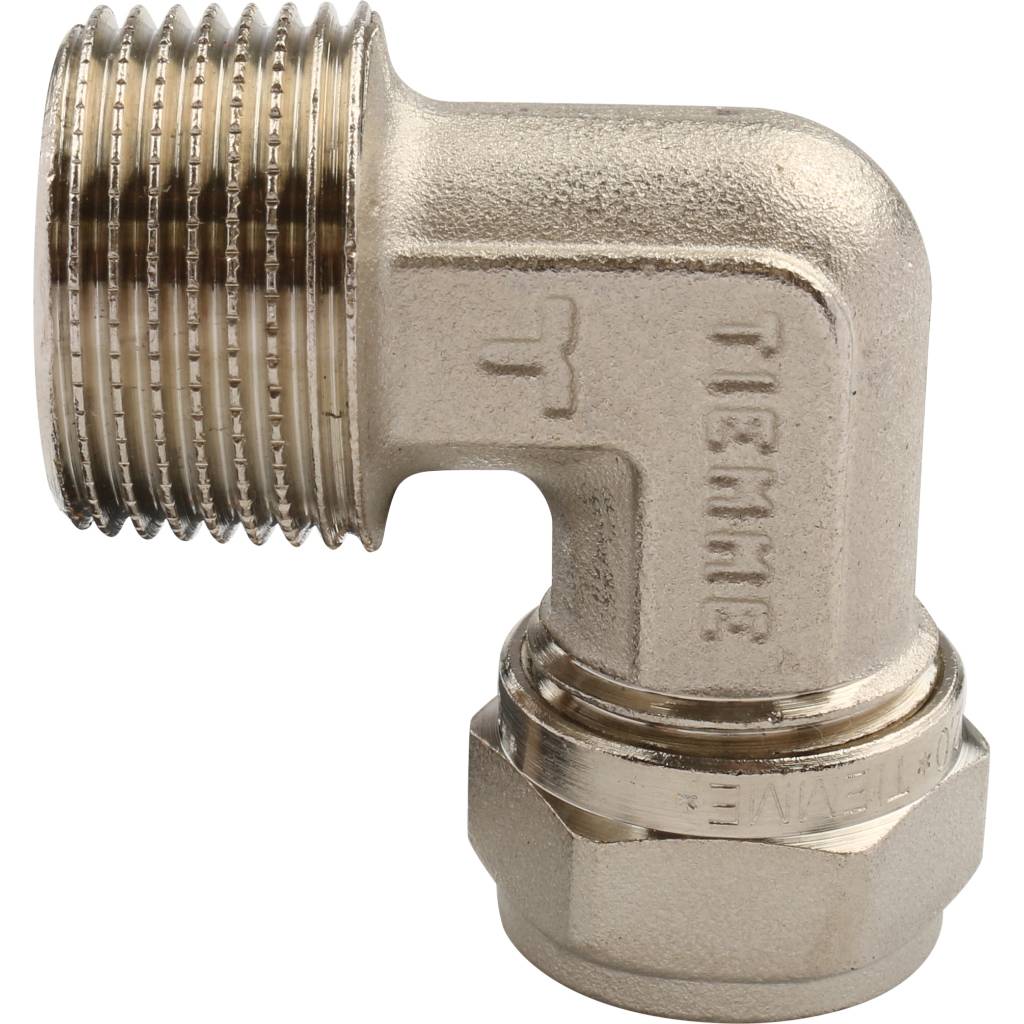 Угольник TIEMME с наружной резьбой (16х2.0х3/4) для металлопластиковых труб винтовой, 1600066