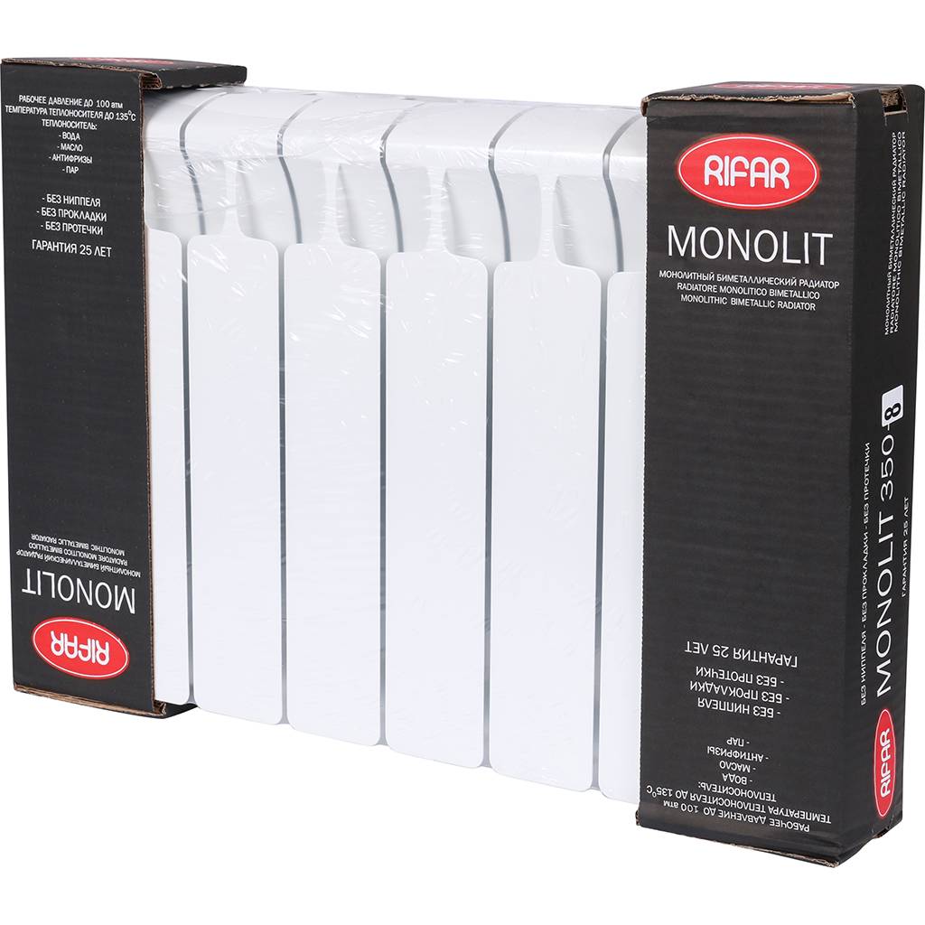 Радиатор биметаллический RIFAR MONOLIT 350 8 секций боковое подключение (белый RAL 9016), 3RM35-8