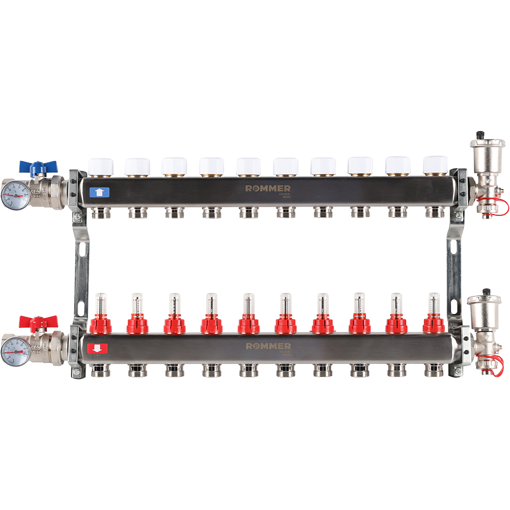 Коллектор из нержавеющей стали в сборе с расходомерами ROMMER 10 выходов, RMS-1210-000010
