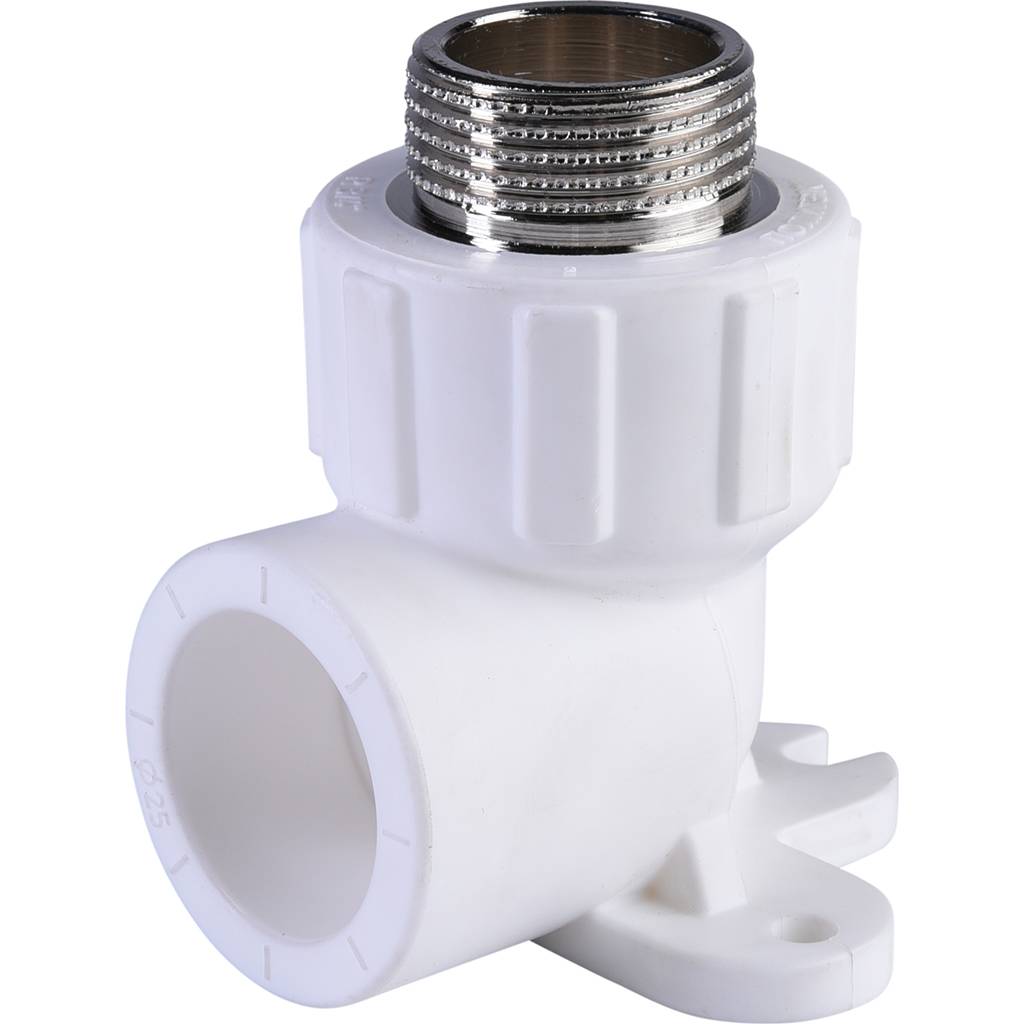 Угольник Политэк 25х3/4 с наружной резьбой с креплением для полипропиленовых труб под сварку (цвет белый), 9500082534