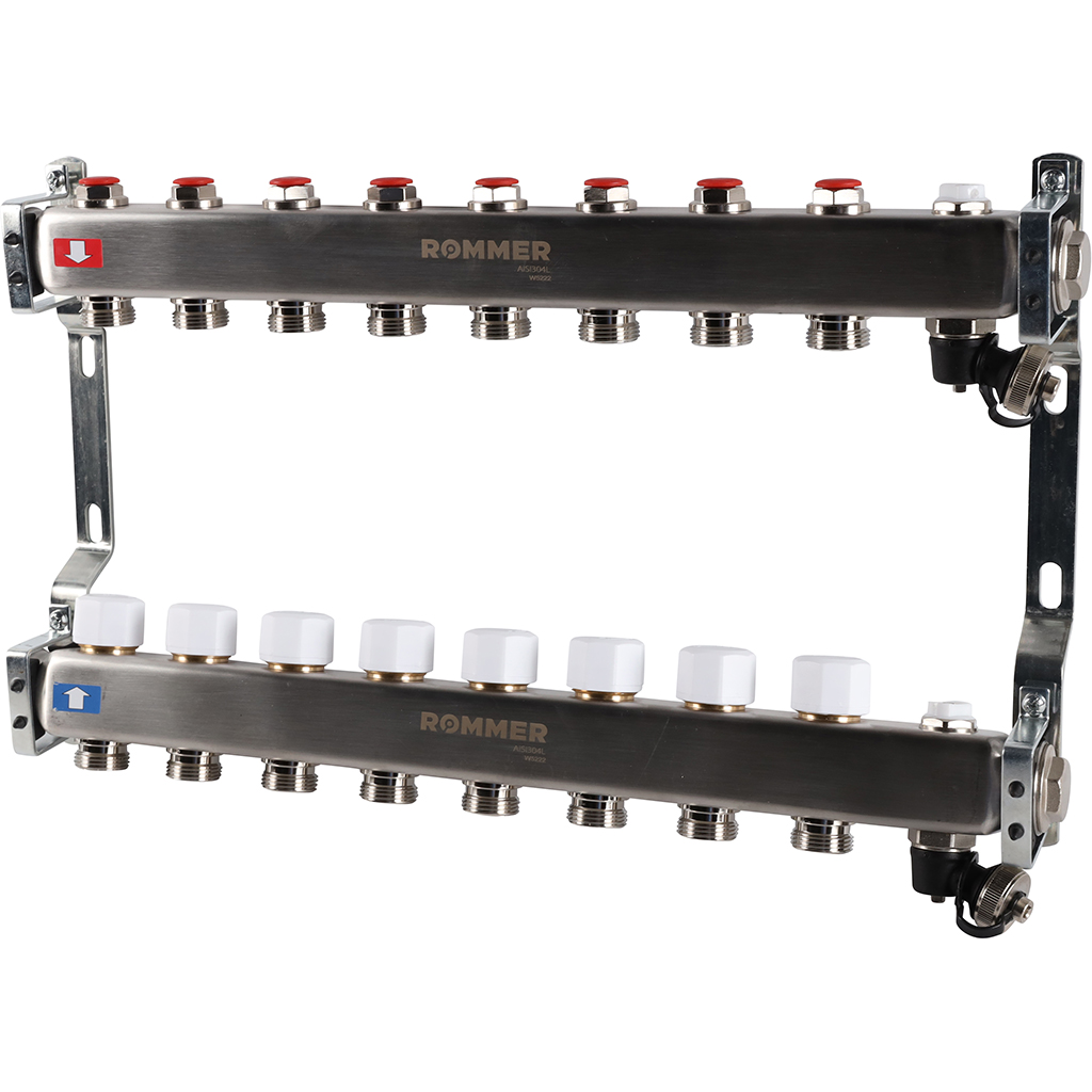 Коллектор из нержавеющей стали без расходомеров ROMMER, с клапаном вып. воздуха и сливом 8 выходов
