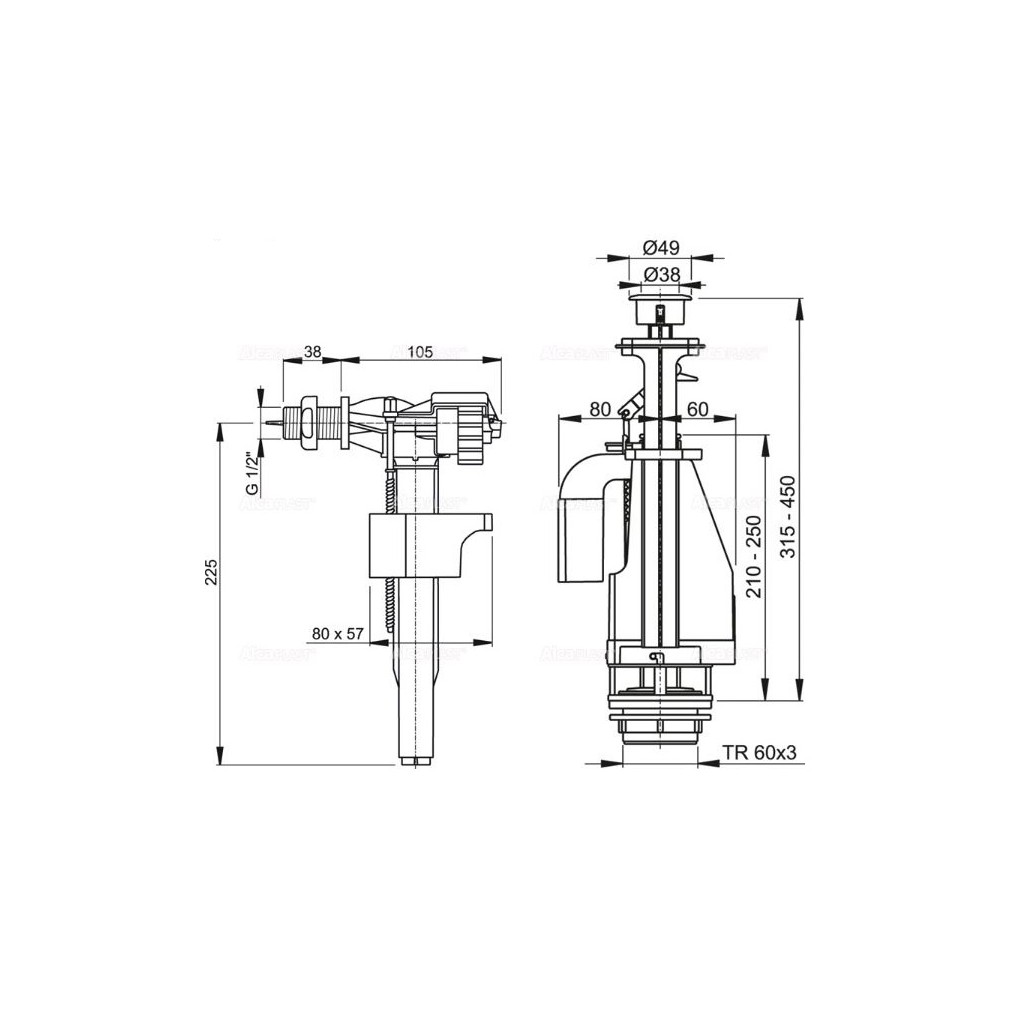 Выпускной комплект AlcaPlast с двойной кнопкой, впускной механизм, SA08K 1/2 CHROM