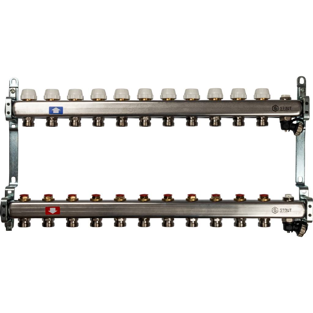 Коллектор из нержавеющей стали без расходомеров, с клапаном вып. воздуха и сливом STOUT 11 выходов, SMS-0932-000011