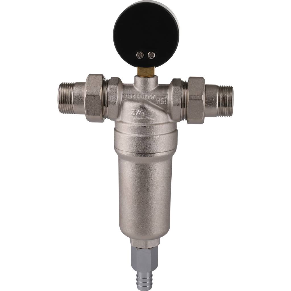 Фильтр с манометром TIEMME 3/4 со сгонами, с латунной колбой, промывной, 3130003