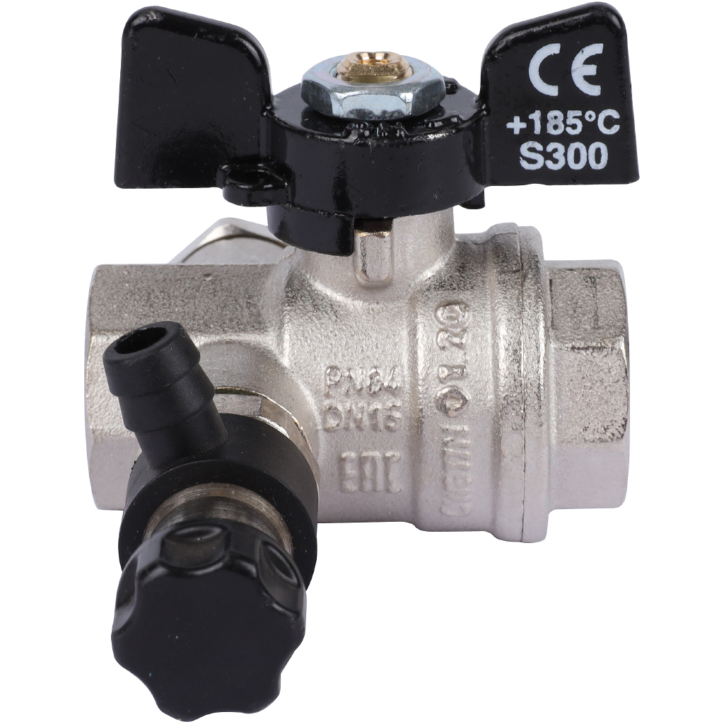 Кран шаровой BUGATTI Oregon с дренажем и воздухоотводчиком, (ручка бабочка) внут-внут резьба 1/2, 03320009