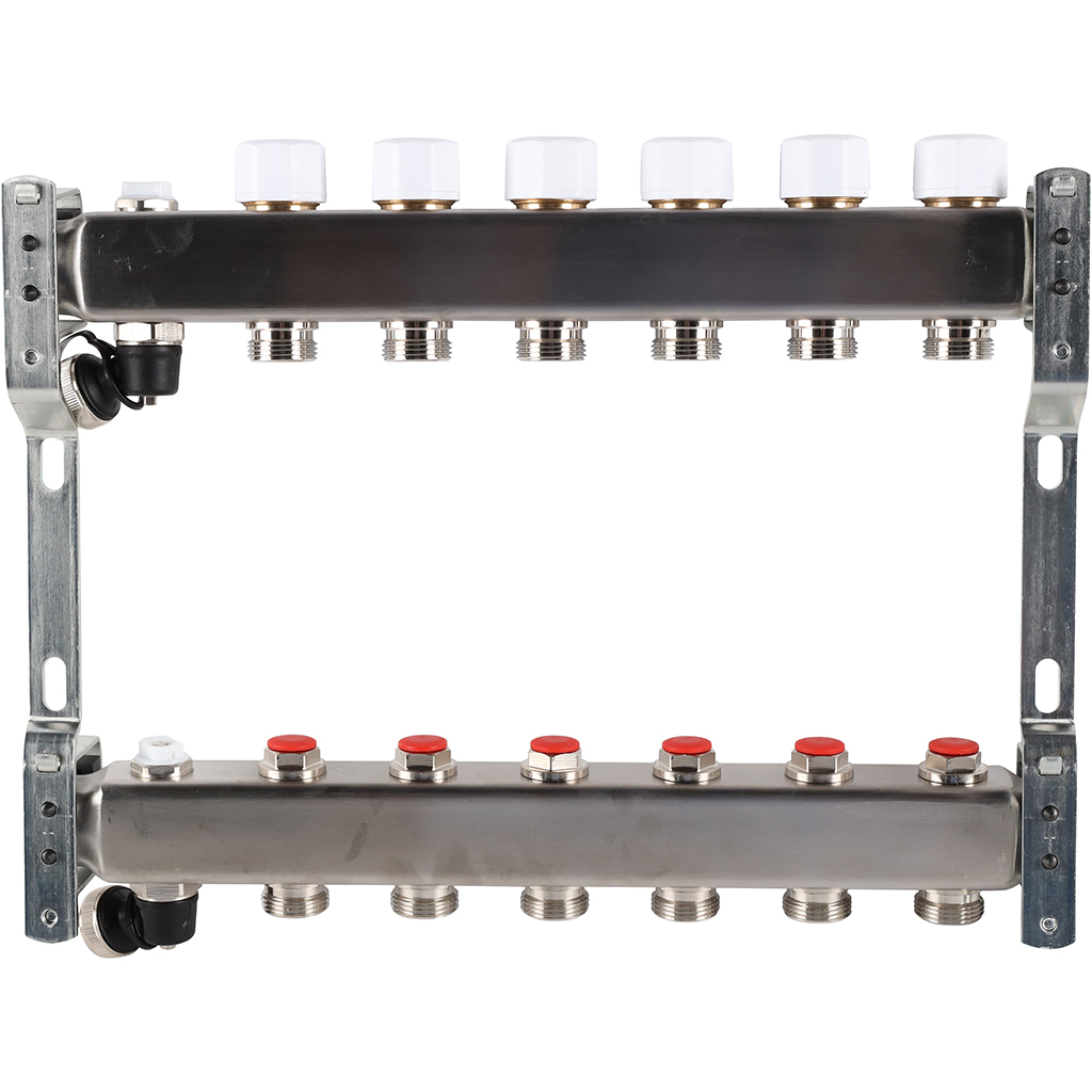 Коллектор из нержавеющей стали без расходомеров ROMMER, с клапаном вып. воздуха и сливом 6 выходов