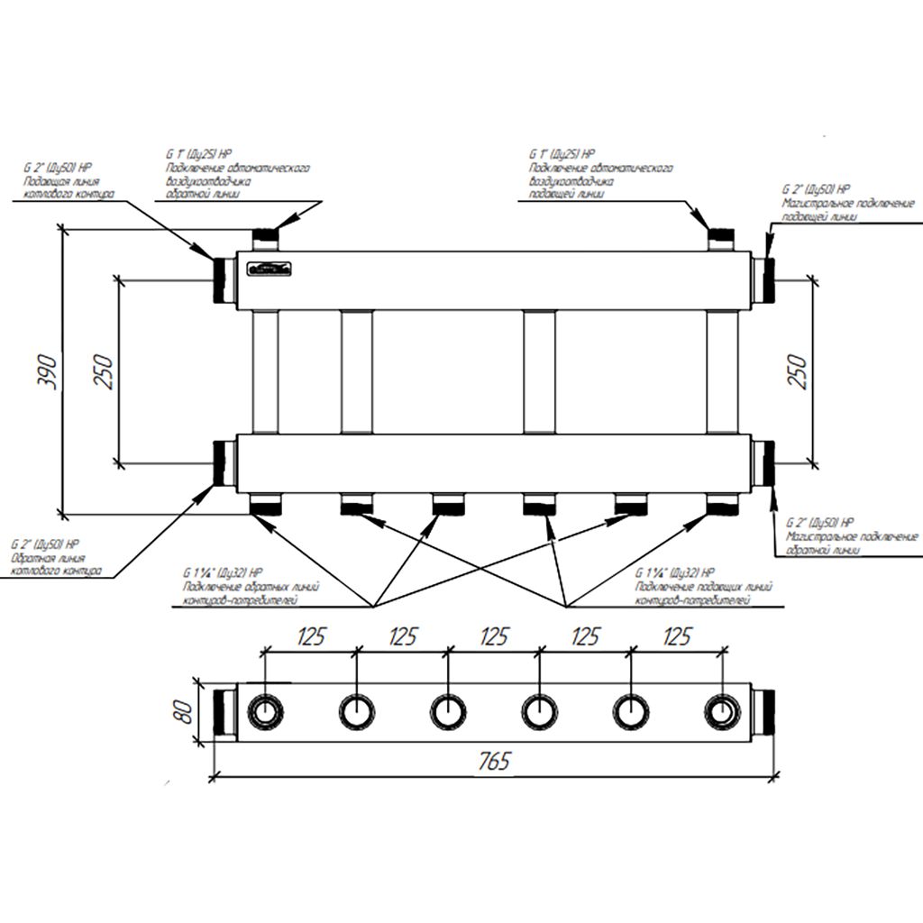 Модульный коллектор GIDRUSS MKSS-250-3x32 (до 250 кВт, 2 магистр. подкл. G 2, 3 контура G 1 вверх или вниз)