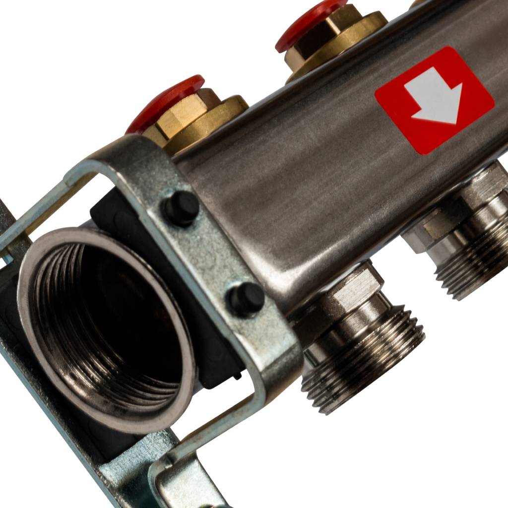 Коллектор из нержавеющей стали без расходомеров, с клапаном вып. воздуха и сливом STOUT 6 выходов