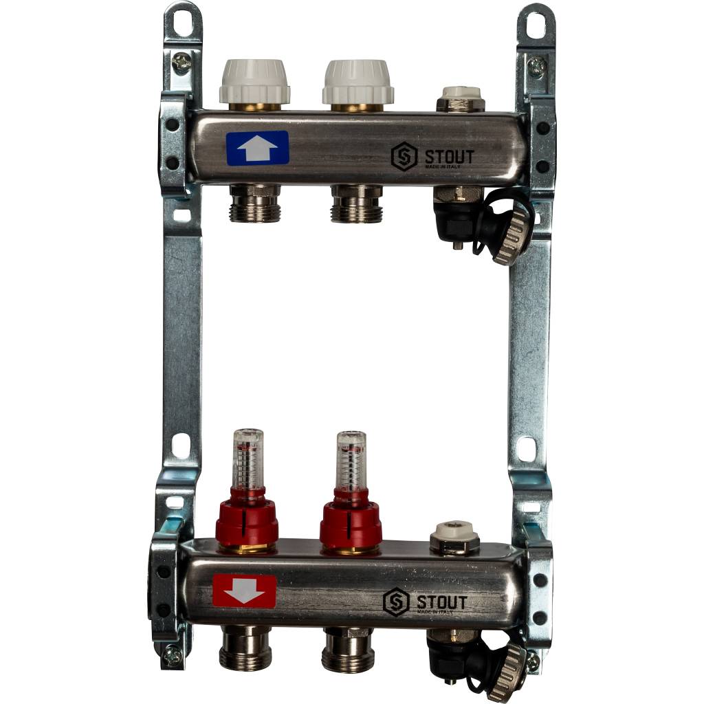 Коллектор из нержавеющей стали с расходомерами, с клапаном вып. воздуха и сливом STOUT 2 выхода, SMS-0927-000002