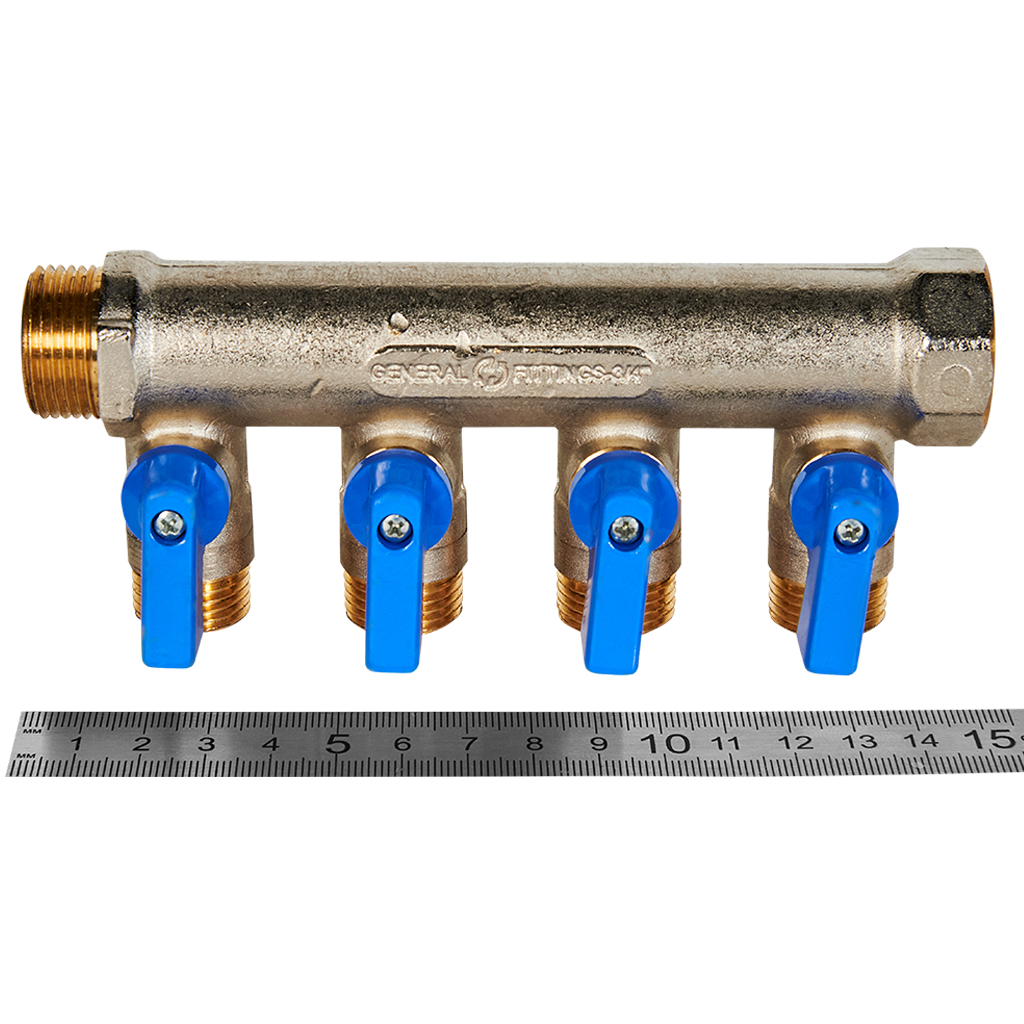 Коллектор с шаровыми кранами STOUT 3/4 , 4 отвода 1/2  (синие ручки)